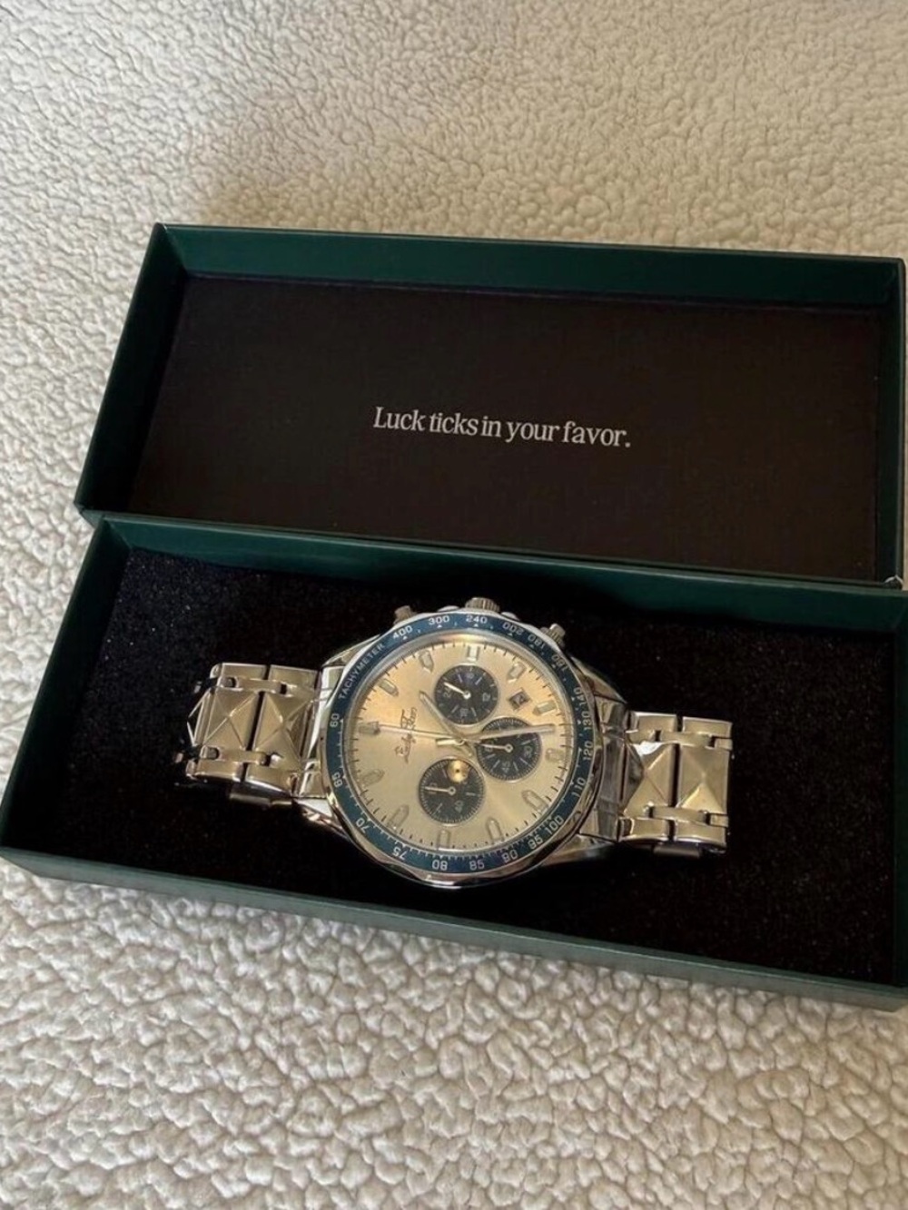 Lucky Fours Men's Silver Chronograph Watch with Blue Accents & Date | New w/box - Picture 4 of 6